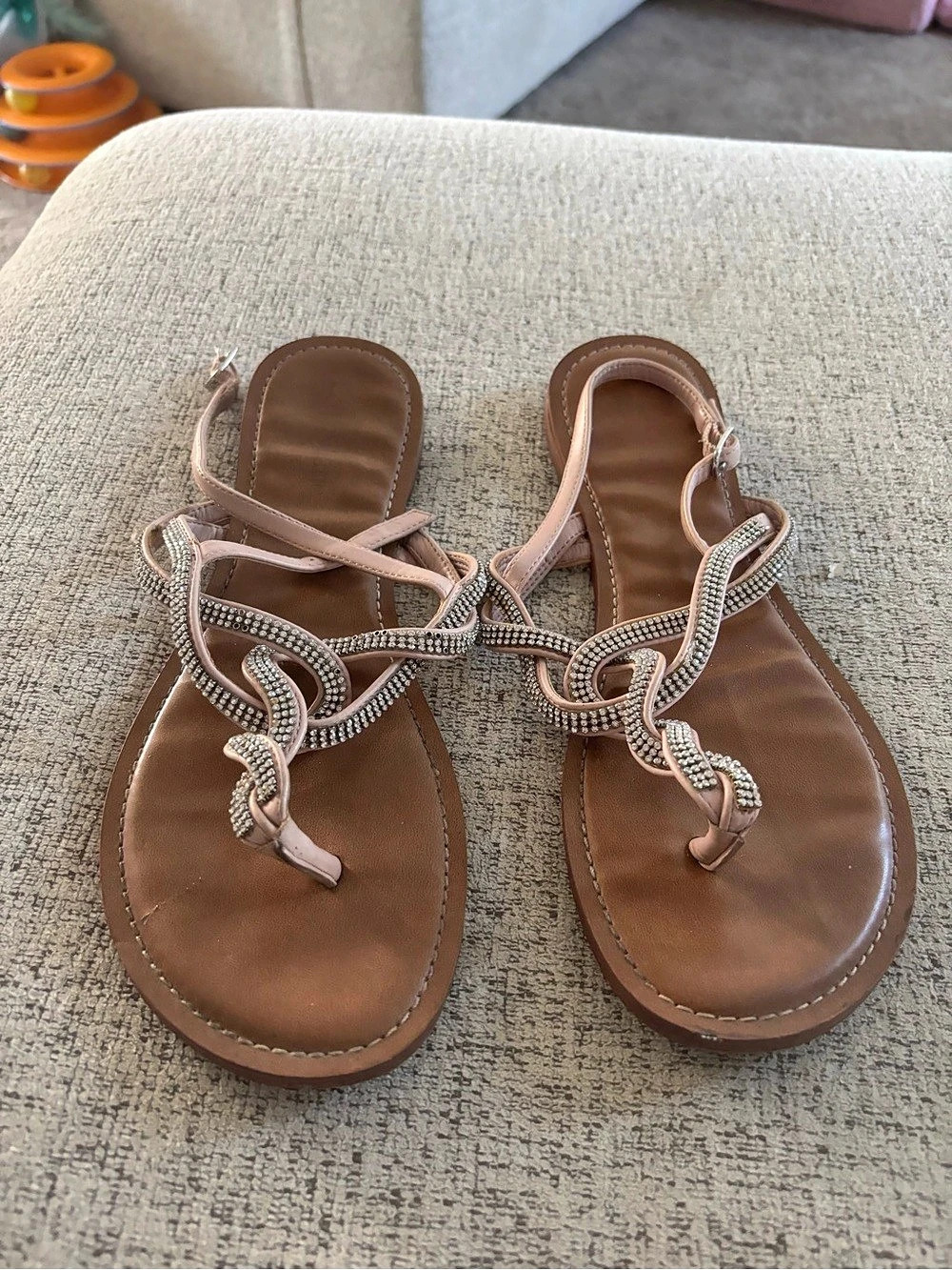 Jeweled Flat Sandals in Brown